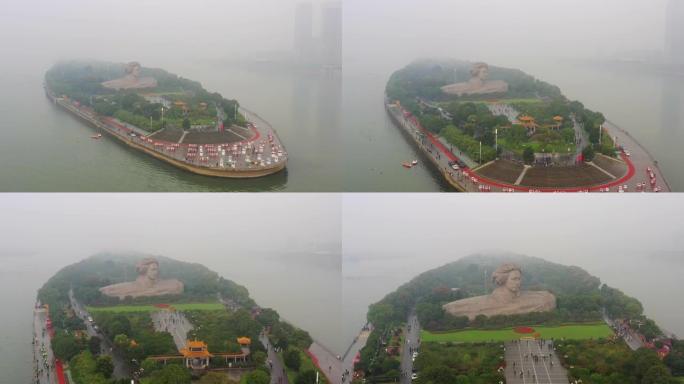 雨天长沙市河岛著名纪念公园航拍全景4k中国