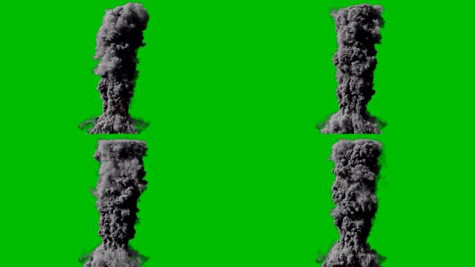 爆炸和浓浓的黑烟的特写镜头。爆炸和冒烟，炸弹或燃料的爆炸和爆炸，真正的烟雾。绿屏前的VFX动画。