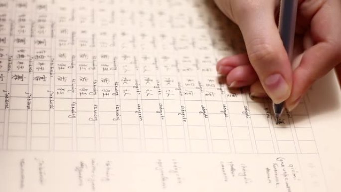 女孩在笔记本上写中国象形文字