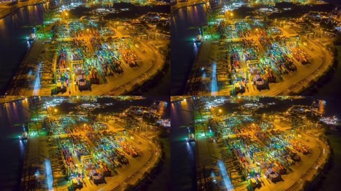 夜间照明新加坡城市著名集装箱港口海湾空中延时俯拍全景4k