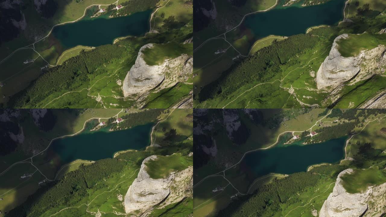 瑞士阿彭策尔阿尔卑斯山Seealpsee湖的鸟瞰图