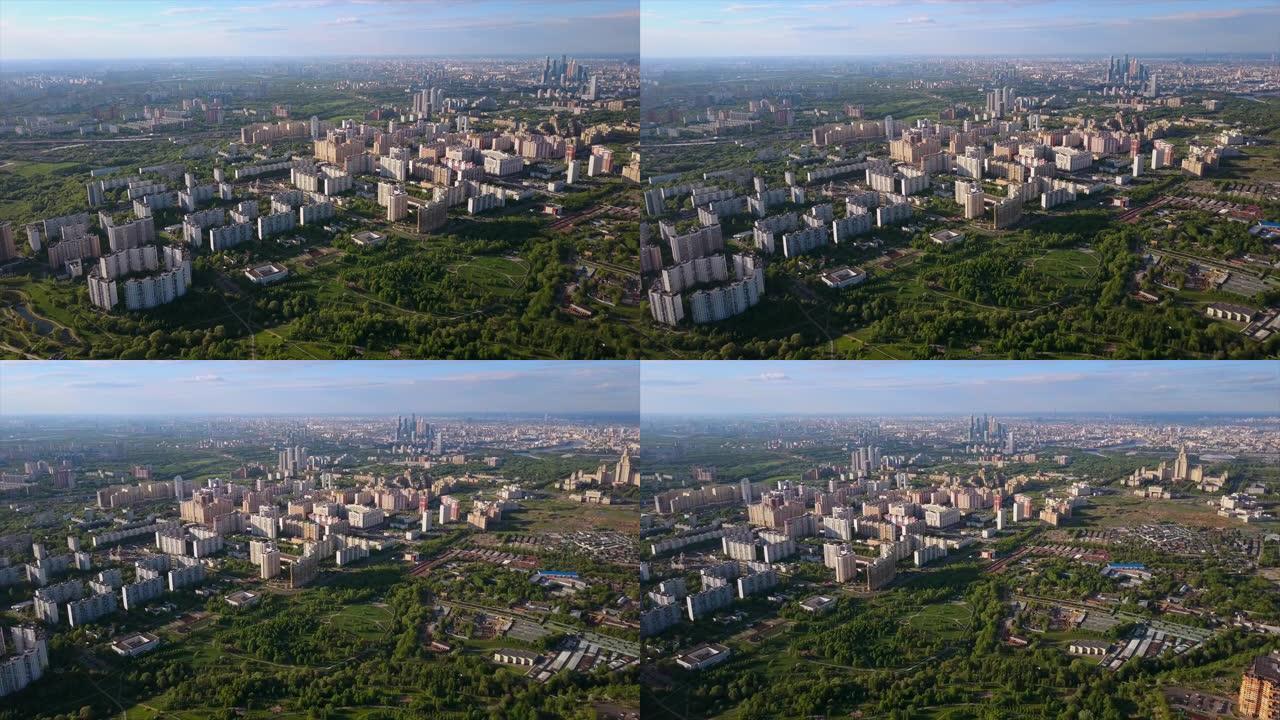 俄罗斯莫斯科市城市景观卢日尼基体育场空中夏季大学区全景4k