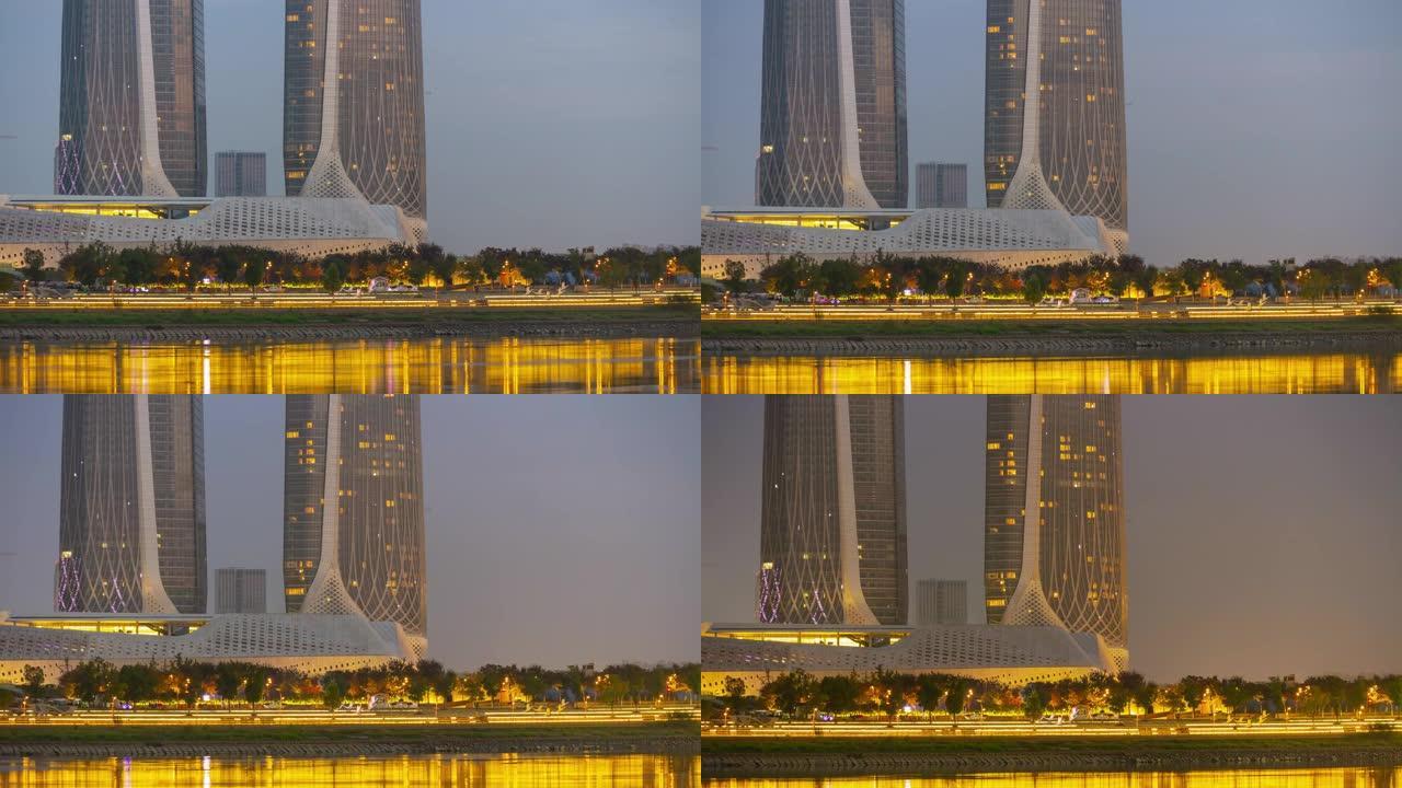 日落黄昏南京市著名现代青年中心河边延时全景4k中国