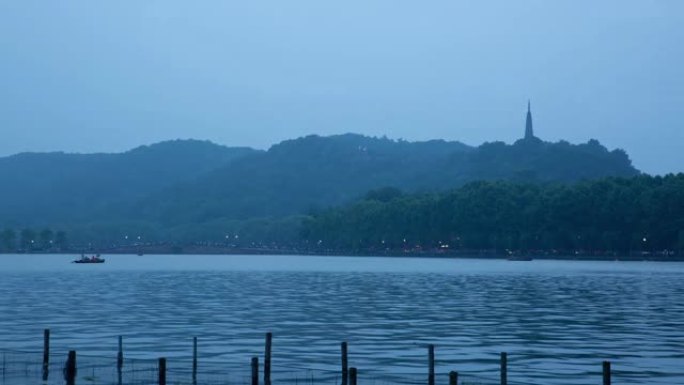 西湖音乐喷泉宝处pargoda断桥昼夜过渡时间流逝