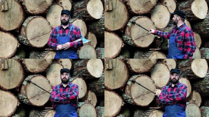 一个蓄着胡子、穿着格子衬衫的英俊伐木工拿着一把斧头站在锯木厂前