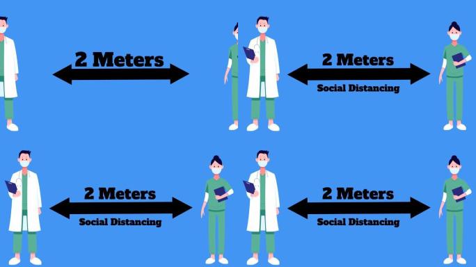 医生和护士图标在蓝色背景下保持2米的社交距离
