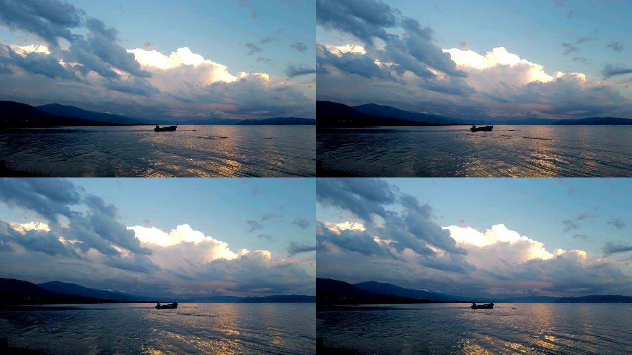 马其顿普雷斯帕湖，日落，船，云