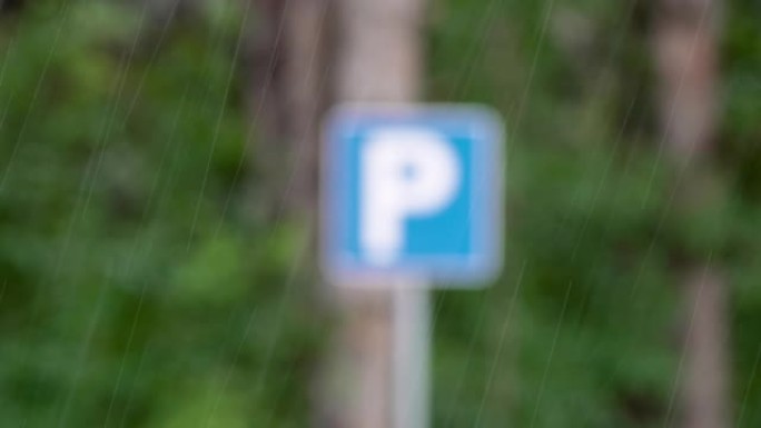 在城市的停车场，POV，选择性聚焦，绿色植物上的雨的近距离拍摄。下大雨。春天、秋天、夏天的洪水。环境