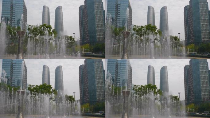 成都市中心著名写字楼商场喷泉广场全景4k中国