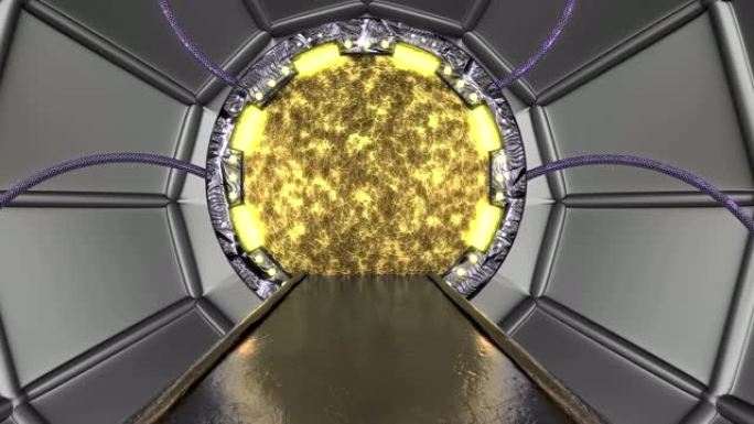 车站景观场景全景。带门户的科幻走廊的3d抽象背景。未来技术抽象无缝VJ为技术标题和背景。