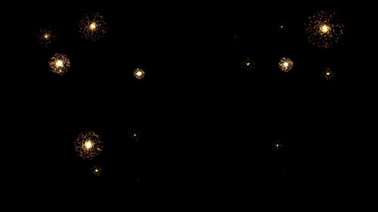 爆炸粒子黄金豪华烟花魔法随机位置和重叠定时与3d渲染诞生包括阿尔法路径。