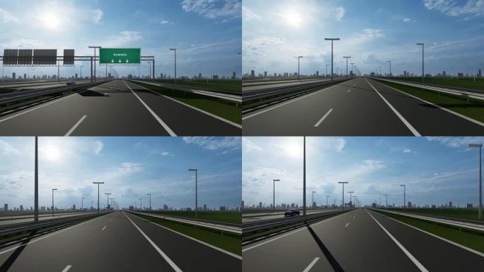 高速公路股票视频上的阿纳海姆招牌，指示进入美国城市的概念