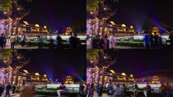 夜间照明南京市古城名庙拥挤广场延时全景4k中国