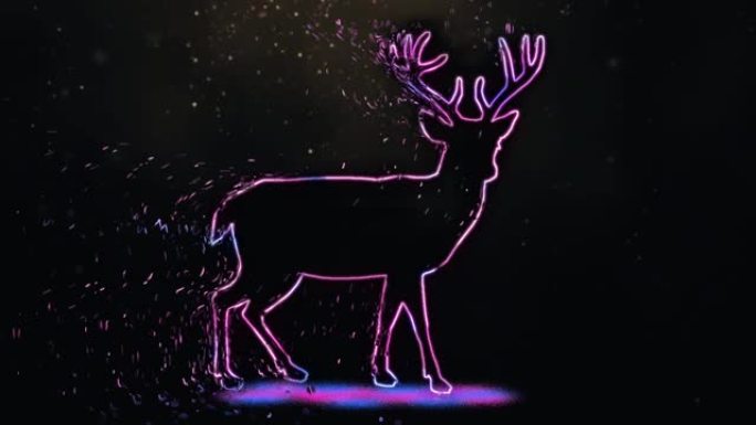 鹿美丽轮廓的4k视频动画，具有霓虹灯照明和崩解效果。动物轮廓与霓虹灯效果和发光光隔离在黑色背景。
