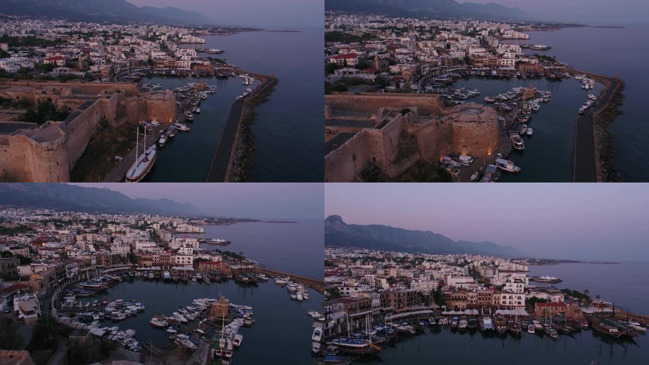 北塞浦路斯日出女孩城堡和港口4k无人机视频灵感2 x5摄像机