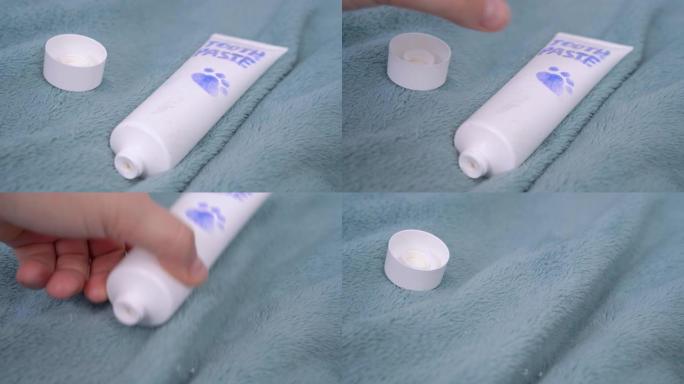 敞开的带宠物爪子的牙膏管放在温暖的毯子上，人的手用糊剂刷狗或猫的牙齿，关闭。日常口腔卫生设备。