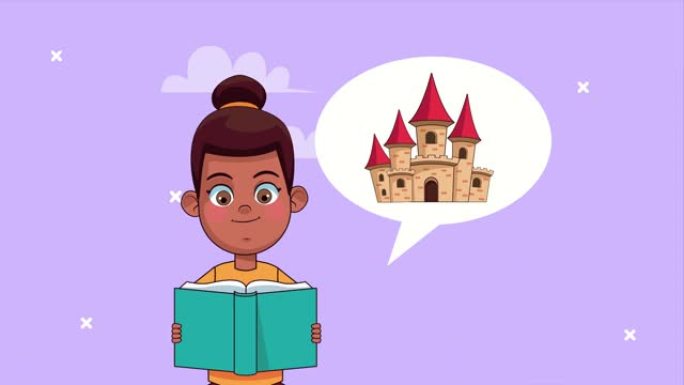 非洲女学生阅读带有语音泡沫和城堡的书