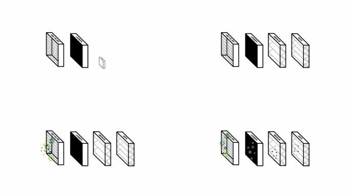 空气过滤器的空气过滤过程，预过滤器，碳过滤器，中等过滤器，HEPA过滤器除尘，4k视频动画，运动图形