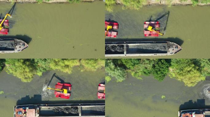 河的鸟瞰图，运河正在被挖掘机疏通