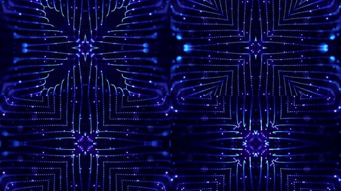 微世界或纳米技术的抽象主题。4k循环科幻3d背景，具有灯光效果。辉光蓝色粒子形成线，表面，复杂的对称