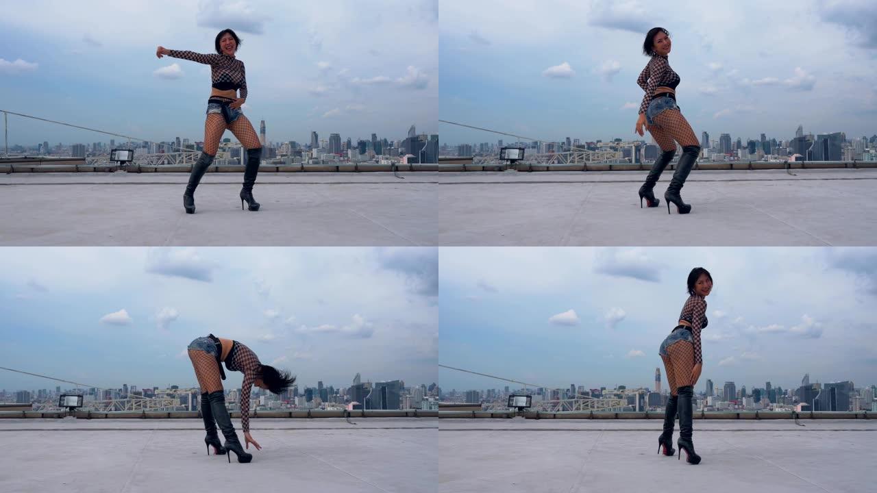现代城市背景下跳舞嘻哈的女人