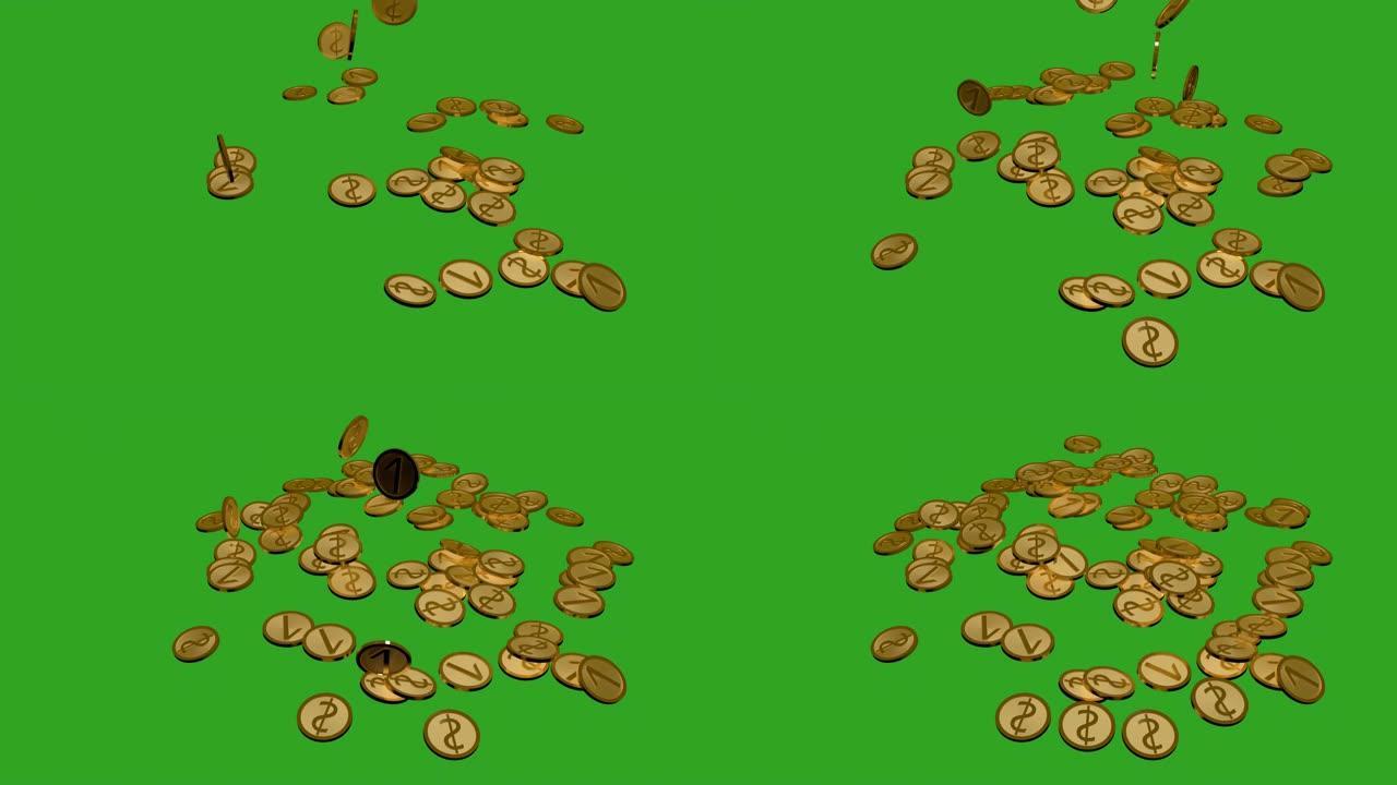 金币。一堆金币的动画。3d渲染