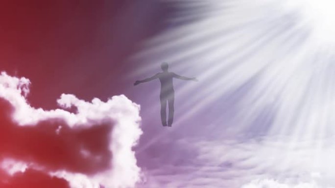 创意4k视频，具有移动的云层和阳光的天空视差效果，双臂张开的男人的轮廓，在明亮的光线下飞行并溶解在其
