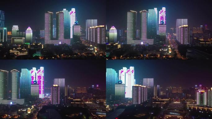 青岛市夜间照明市中心航空全景4k中国
