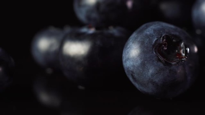 黑色背景上的新鲜蓝莓，微距拍摄。健康食品概念。