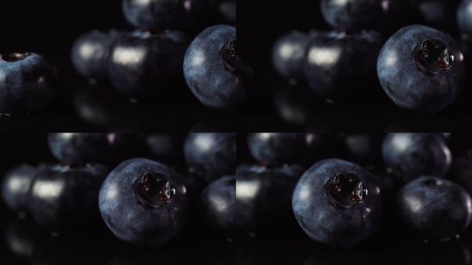 黑色背景上的新鲜蓝莓，微距拍摄。健康食品概念。