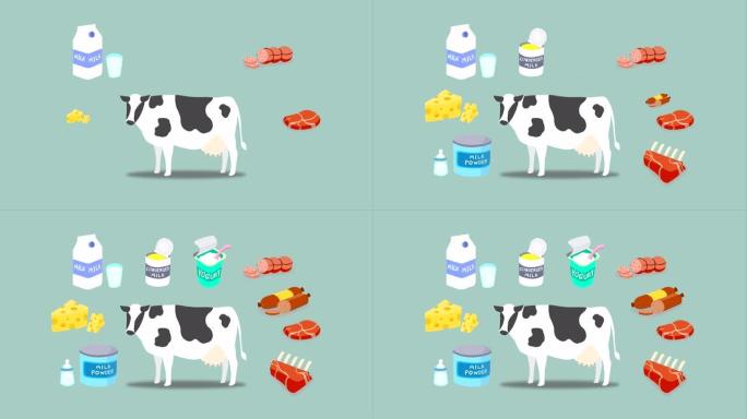 奶牛加工的各种产品。奶牛加工产品。奶牛和产品。