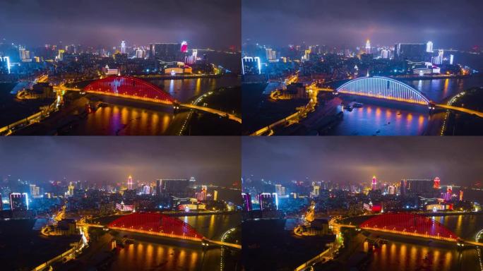 中国夜间照明武汉城市景观青川桥汉水空中全景4k延时