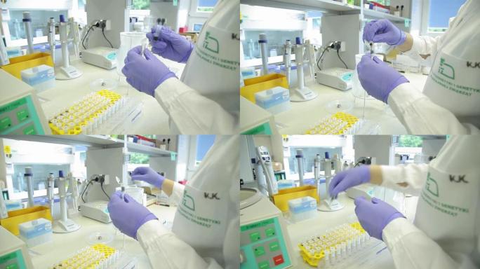 女科学家在实验室从事各种血液样本和测试。慢动作