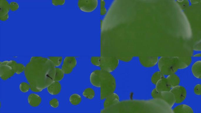 青苹果在蓝色背景下掉下来。绿色苹果在蓝色背景上飞行的3D动画