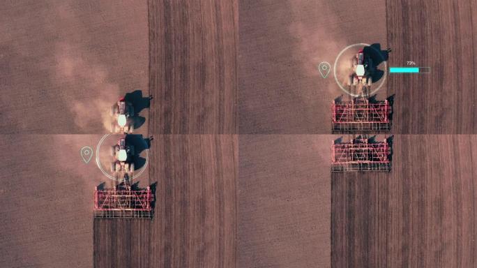 自动驾驶拖拉机犁场，空中俯视图。农业中的新未来技术