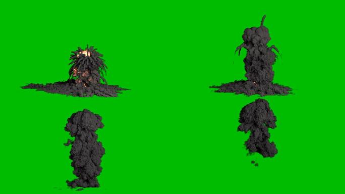 强烈的炸药爆炸，黑色滚滚浓烟。黑烟爆炸，燃料爆炸。绿屏前的VFX动画。