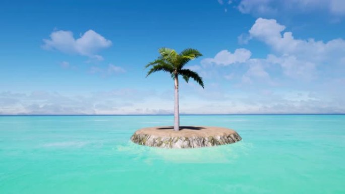 绿松石海洋中热带小岛上的一棵孤独的棕榈树