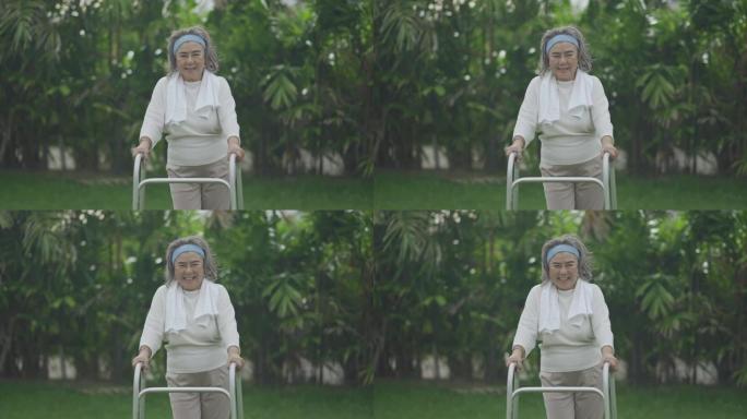 微笑老年人与移动助行器一起在家时的时间检疫和社交距离