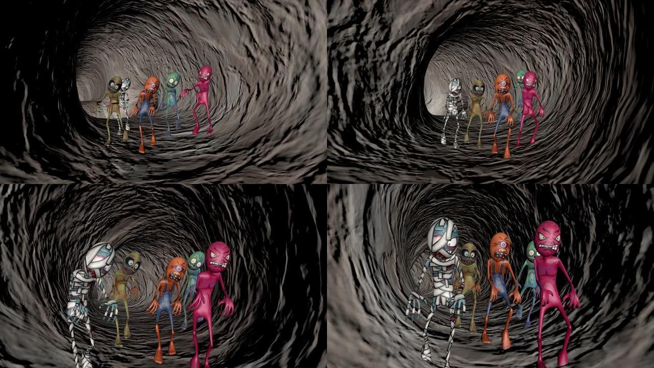 带有多色卡通僵尸的洞穴。3D渲染