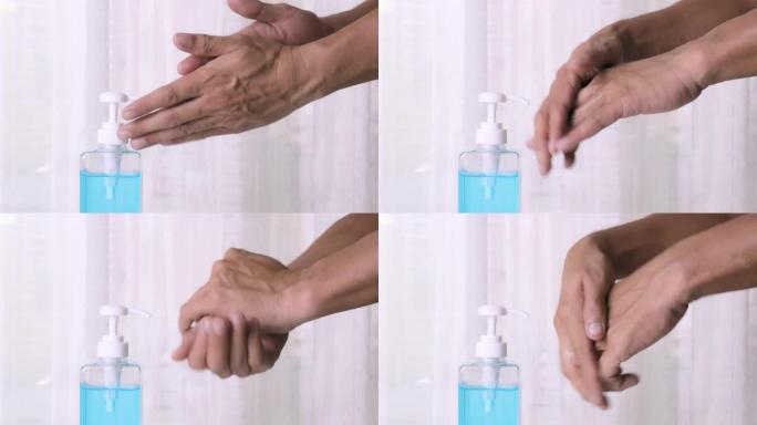 4k特写手用洗手液凝胶。冠状病毒洗手液凝胶，用于清洁手部卫生日冕病毒。男人用酒精凝胶清洁手。新型冠状