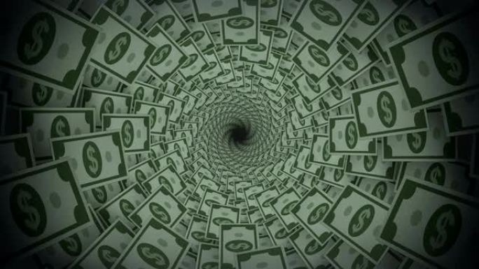 抽象背景美元票据螺旋飞3D隧道循环动画