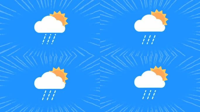 在蓝色背景上无缝循环移动的白色条纹上的云旋转的太阳动画