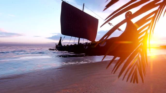 日落时分，一艘维京战舰站在一个热带岛屿的海滩上。关于维京人和中世纪早期主题的概念。循环动画。