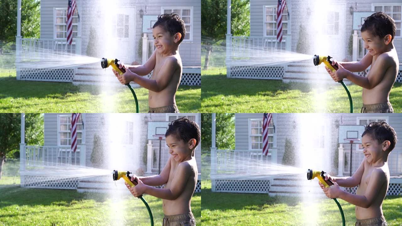 4k视频儿童在院子里玩水，新型冠状病毒肺炎期间