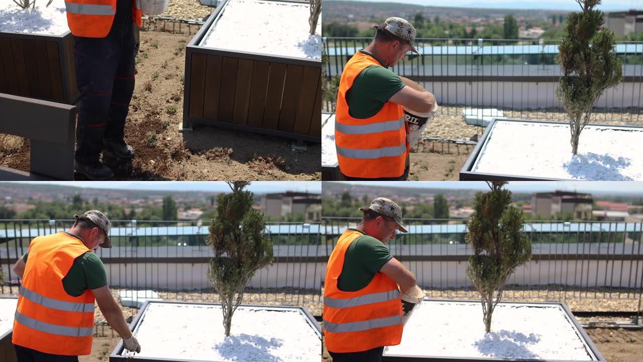一名工人正在建筑物的屋顶上扔堆肥