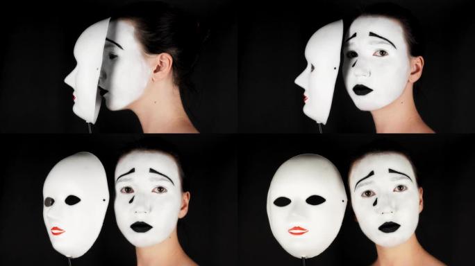 布鲁内特戴上白色剧院面具。戏剧化妆悲伤面具。