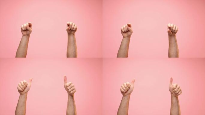 年轻人举手指着手指，在粉红色背景上竖起大拇指
