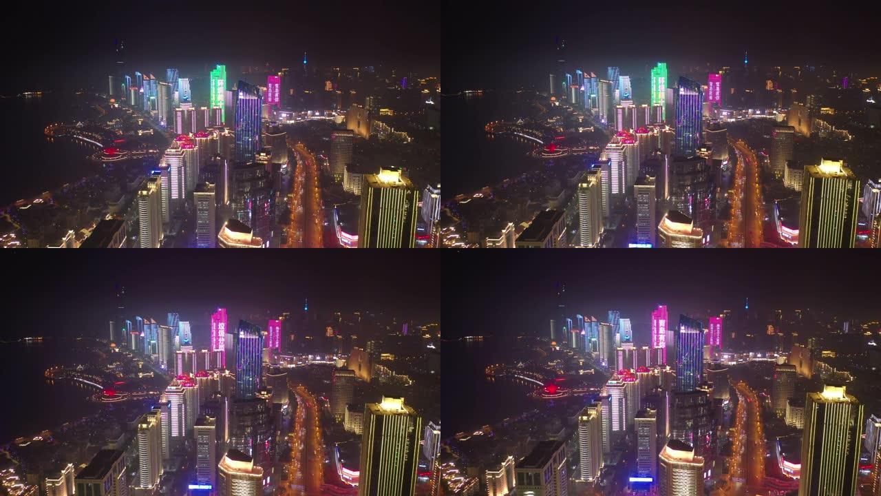 青岛市夜间照明秀市中心交通湾空中全景4k中国