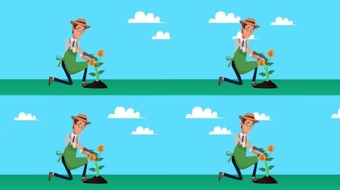 优雅的园丁商人与硬币植物角色动画