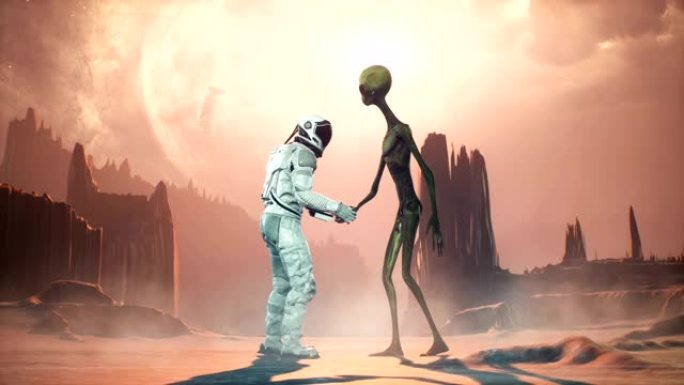 在一个迷失的空间，一个宇航员和一个外星人在一个神秘的外星星球上的会议。动画的幻想，科幻，或空间背景。